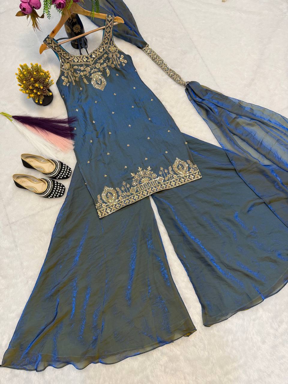 Deep Cyan Heritage Palazzo Set